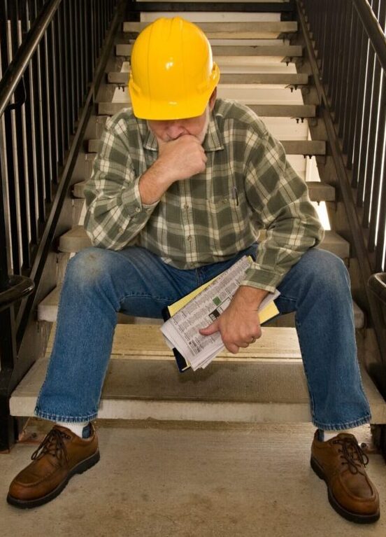 Sad worker who's been fired, sitting on steps.