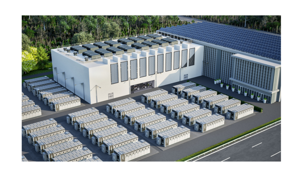 Aerial view of a massive battery energy storage system and manufacturing building.