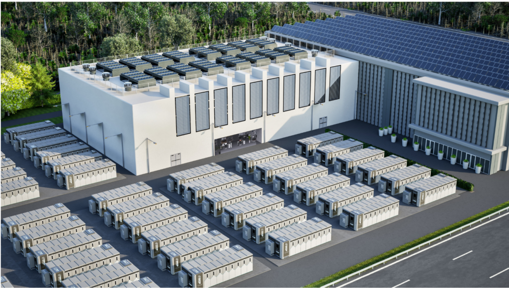 Aerial view of a massive battery energy storage system and manufacturing building.