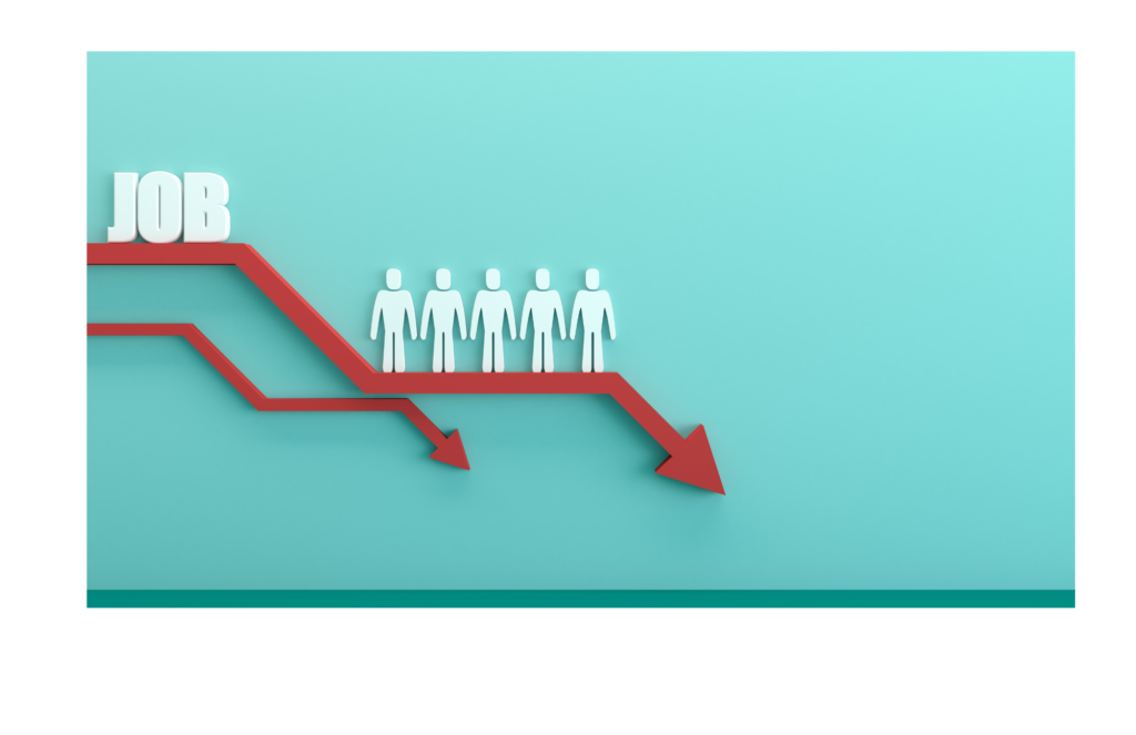 Graphic illustrating a flagging job market. Red arrows trending down, below five white simple human figures representing workers.