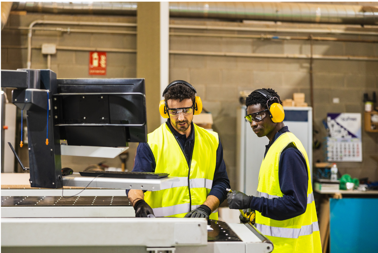 Two employees in yellow vests and wearing hearing protections are standing at an advanced printing machine.