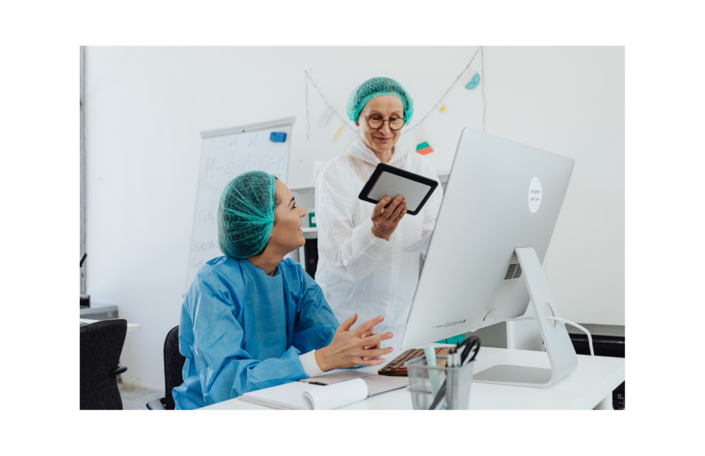 The court granted approval. Interactive Health. Two female medical professionals review results on a computer and tablet.