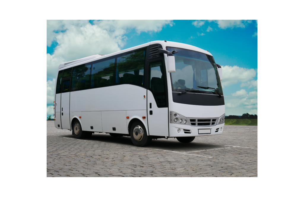 WeDriveU, Inc., a/k/a Diamond Transportation Services, Inc. View of a white modern bus parked in an empty parking lot.