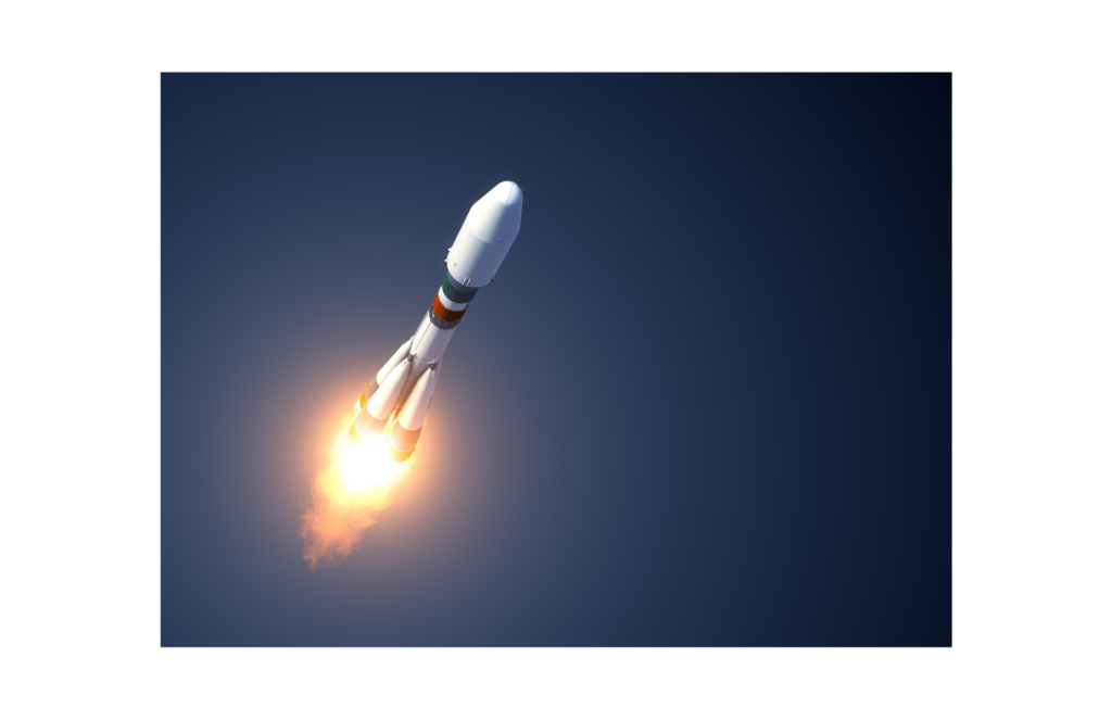 Virgin Orbit class action. View of a modern rocket with engines firing shown in the sky with a dark blue background.