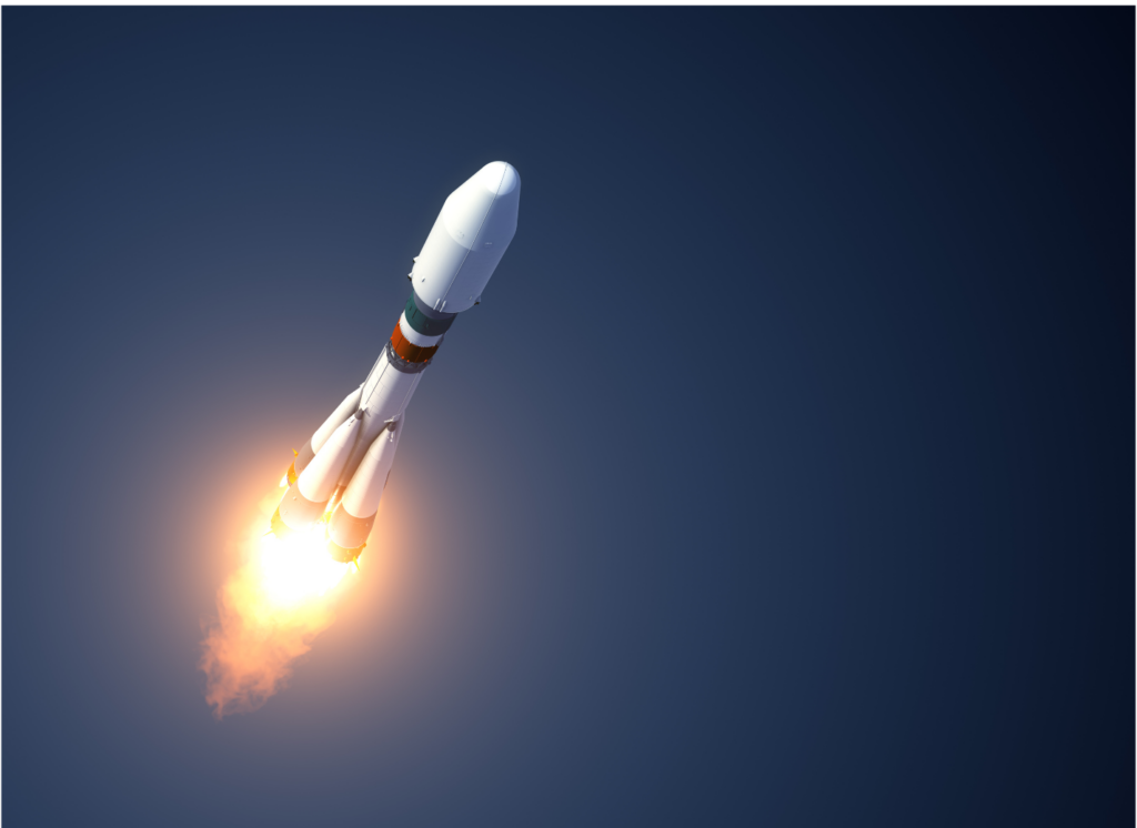 Virgin Orbit class action. View of a modern rocket with engines firing shown in the sky with a dark blue background.