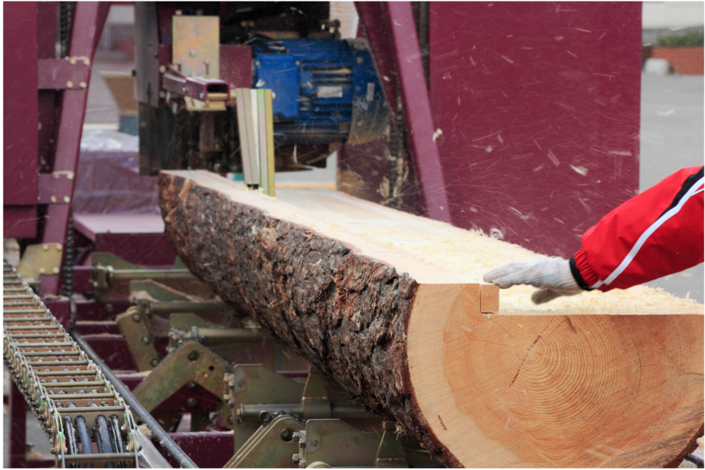 Klausner Lumber One WARN case. View of a person running a high-tech saw mill. There is a long pine log being cut into boards.