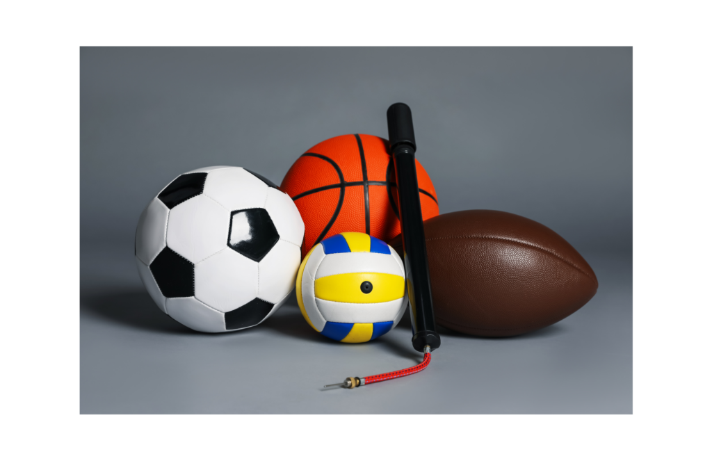 Modell's Sporting Goods WARN case. View is a tight picture of a soccer ball, basketball, volleyball, and football. A small hand air pump is leaned against the basketball.
