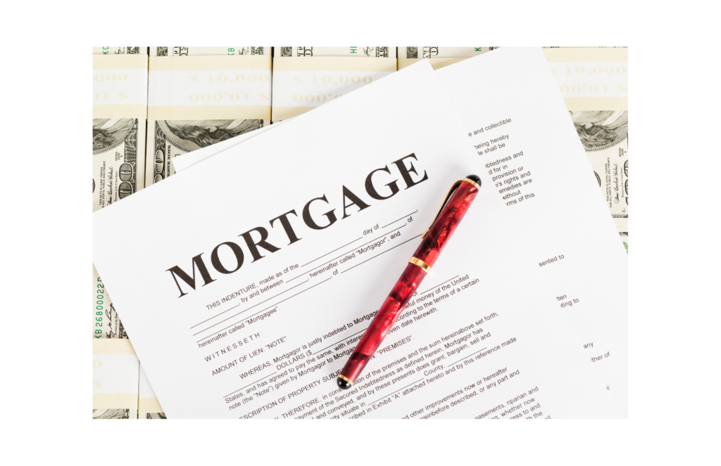 Reverse Mortgage WARN case. View of a mortgage document on top of stacks of $100 bills. On top of all of all is an expensive looking red, black, and gold pen.