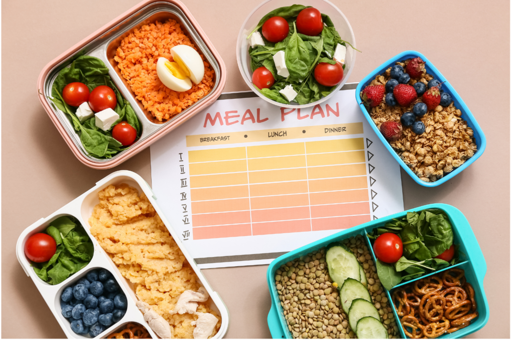 Jenny Craig WARN class action. View of planned healthy meals in colorful containers. A blank Meal Plan page is centered in the middle of the containers.