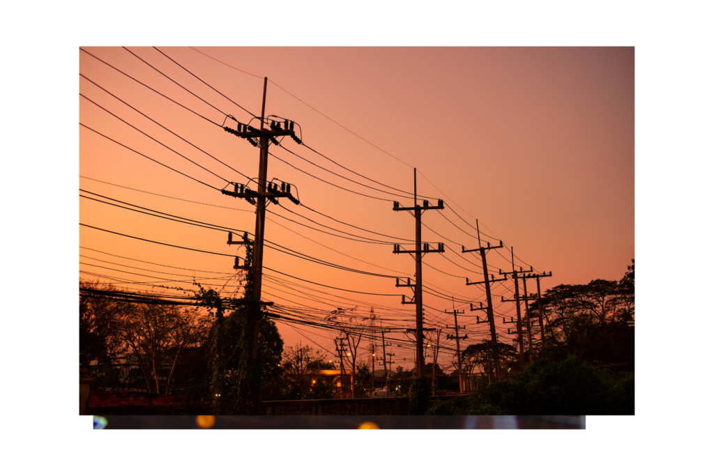 Metadigm WARN class action. View at dusk, with a reddish color as the sun sets, of a long curing row of electrical poles holding powerlines. The electrical poles are taller than the many trees around them. Street lights in the picture have already come on.