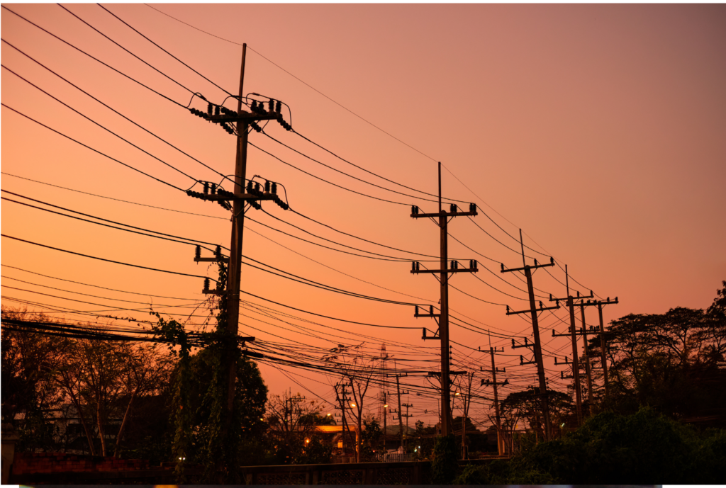 Metadigm WARN class action. View at dusk, with a reddish color as the sun sets, of a long curing row of electrical poles holding powerlines. The electrical poles are taller than the many trees around them. Street lights in the picture have already come on.