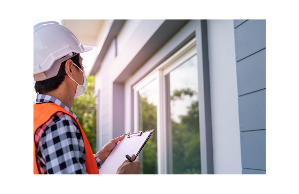 Quality Built WARN class action. View of a building inspector outside a home window. He is wearing a face mask, orange vest, and white hard hat. He is carrying a clipboard and pen.