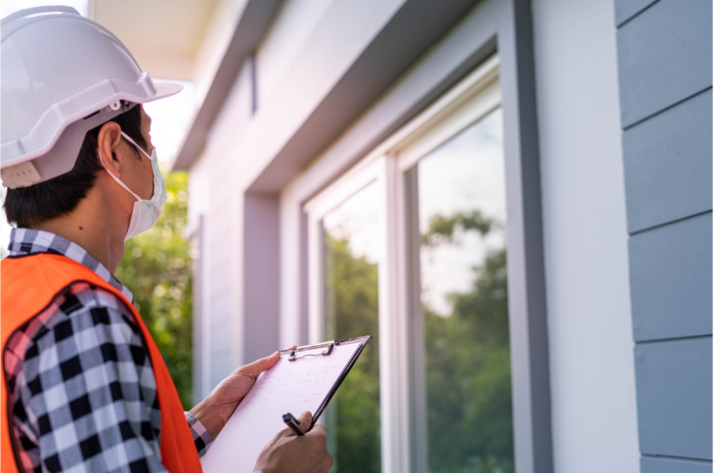 Quality Built WARN class action. View of a building inspector outside a home window. He is wearing a face mask, orange vest, and white hard hat. He is carrying a clipboard and pen.