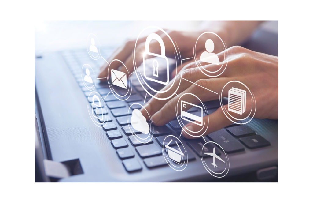 USIS WARN class action. Close up view of hands on a laptop keyboard. With images superimposed above the hands showing icons for a padlock, credit card, airplane, email, documents, and people.