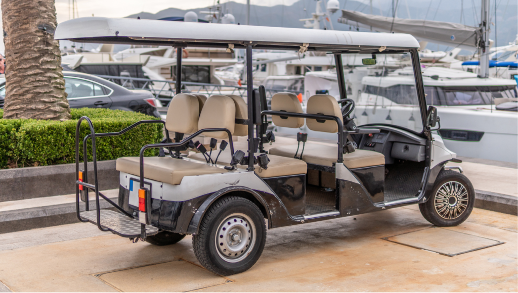 The Wise Company WARN class action. View of a six seat golf cart parked alongside an upscale marina with numerous sail and power boats in the background.